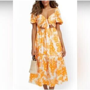 Lena‎ Summer Beach Resort Vacation Tropical Print Tie-Front Cut-Out Midi Dress S